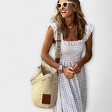 Kárované Maxi Šaty s Volánovými Rukávy