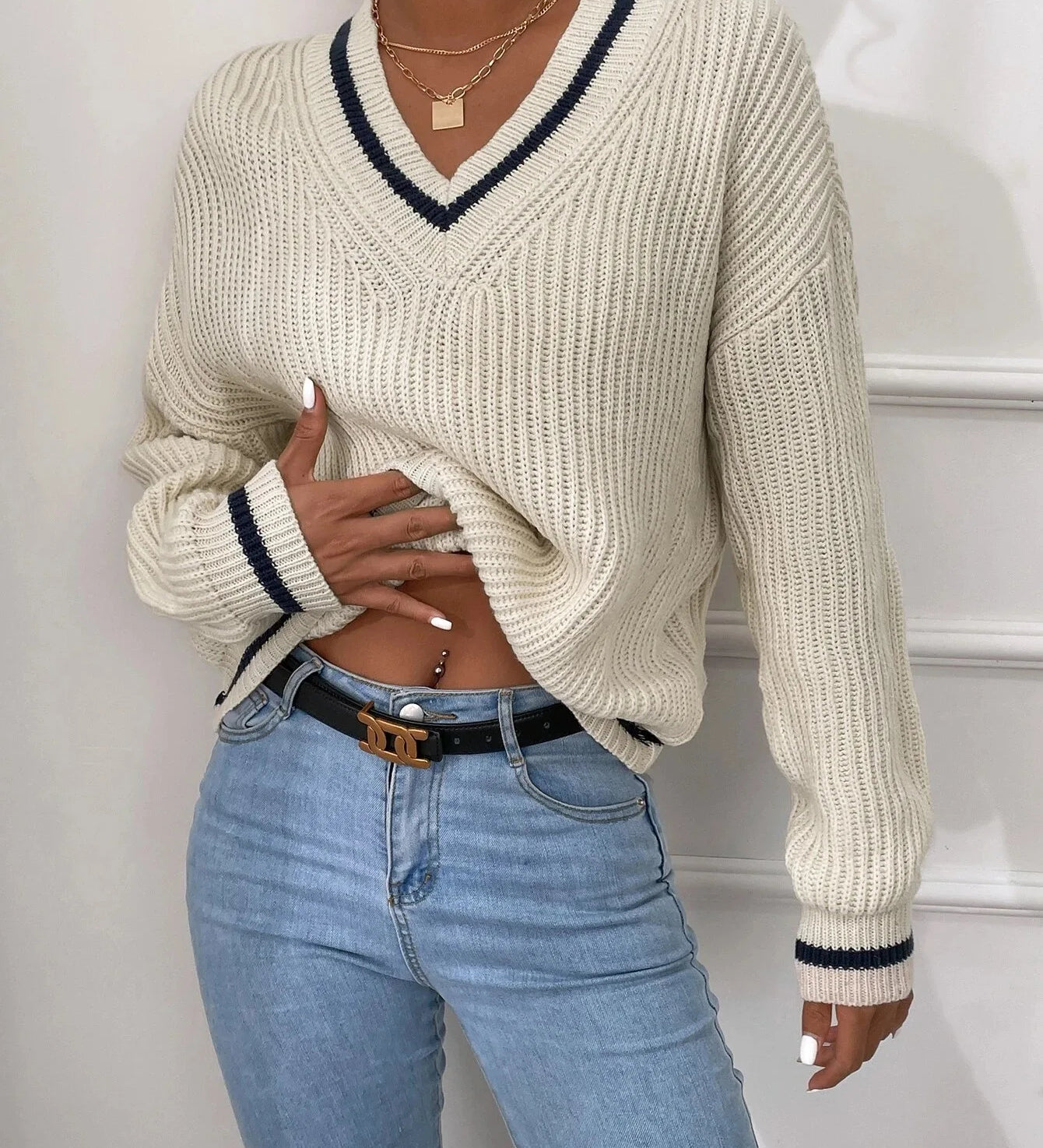 Marina | Pruhovaný pletený svetr s waffle vzorem