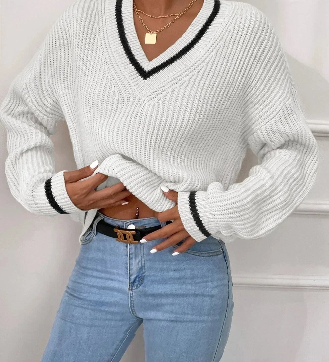 Marina | Pruhovaný pletený svetr s waffle vzorem